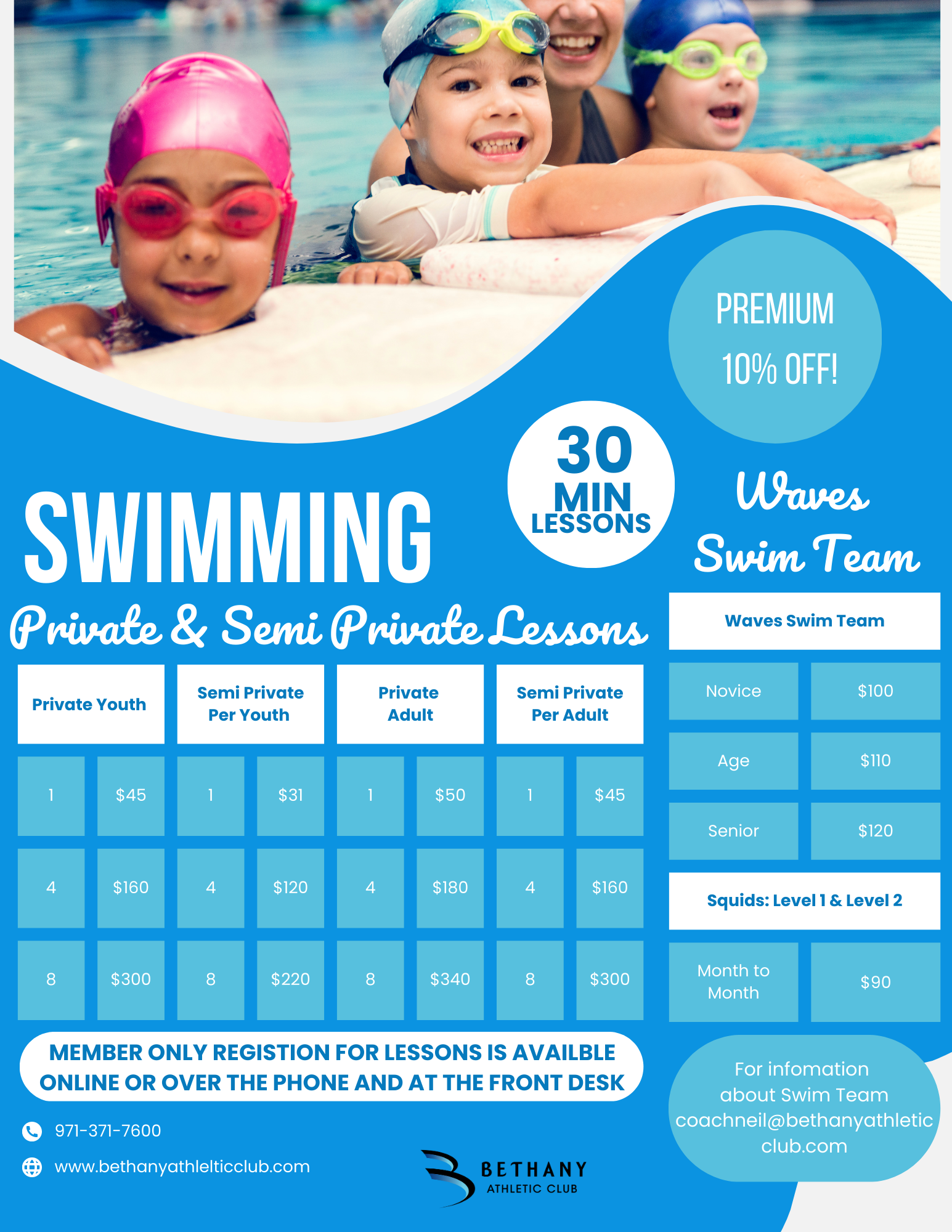 Bethany Athletic Club 2023 Swim Lessons and Teams Flyer