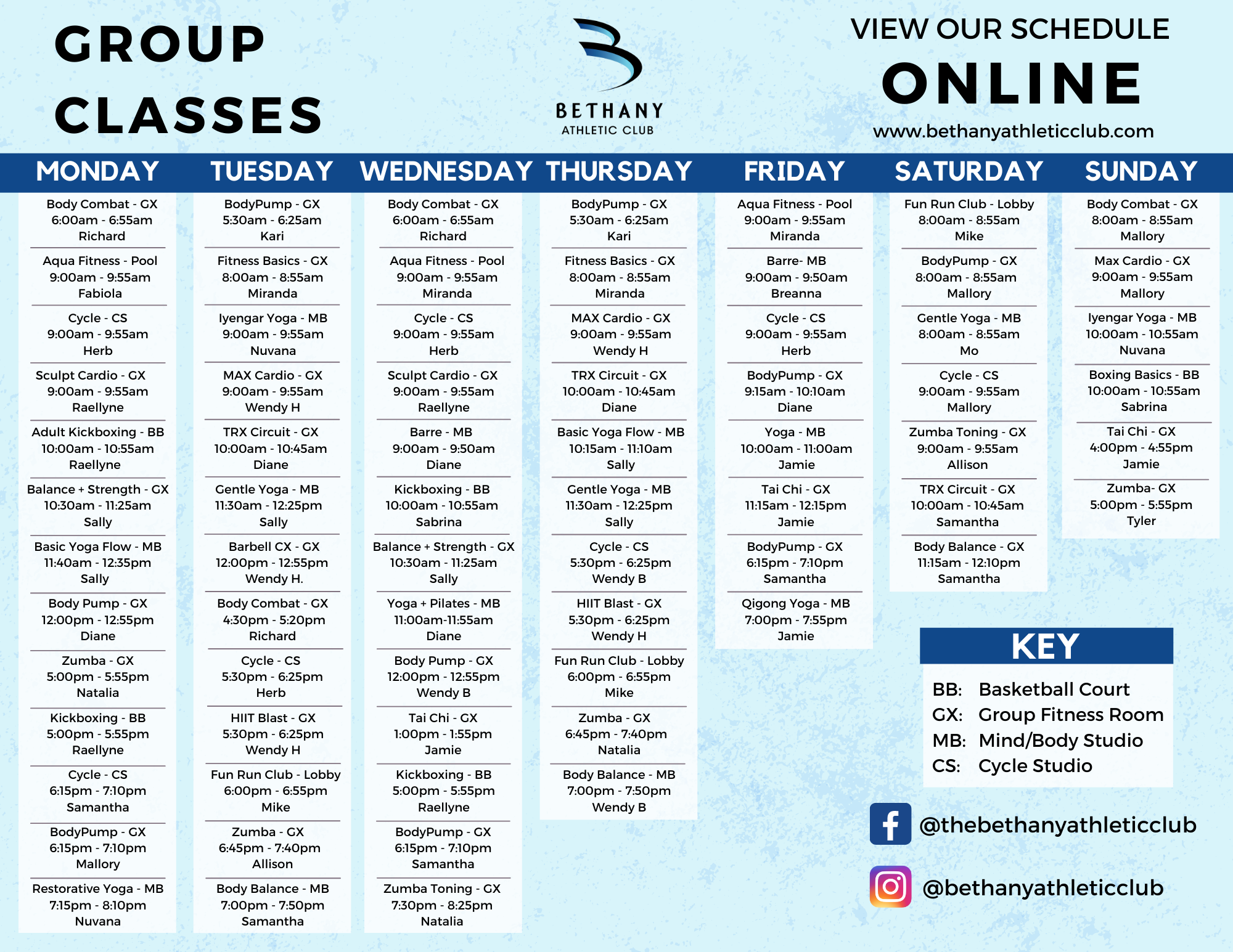 bethany athletic club group fitness class schedule
