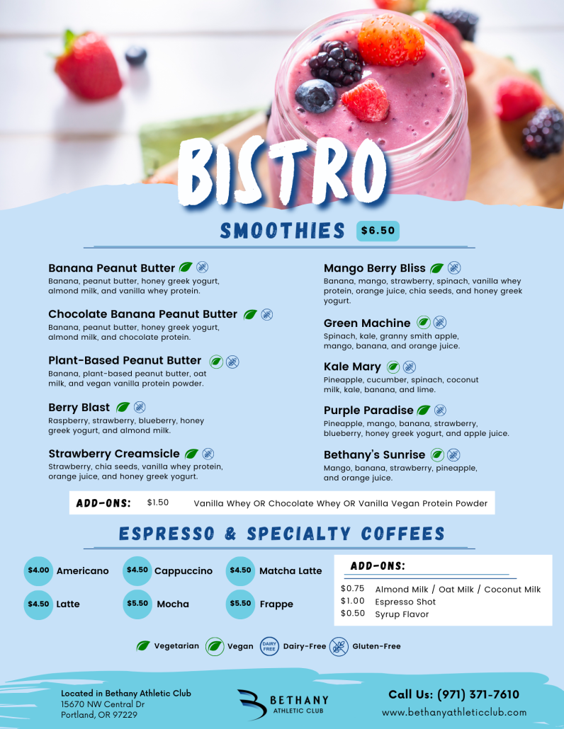Bethany Athletic Club Bistro Smoothie and Coffee Menu